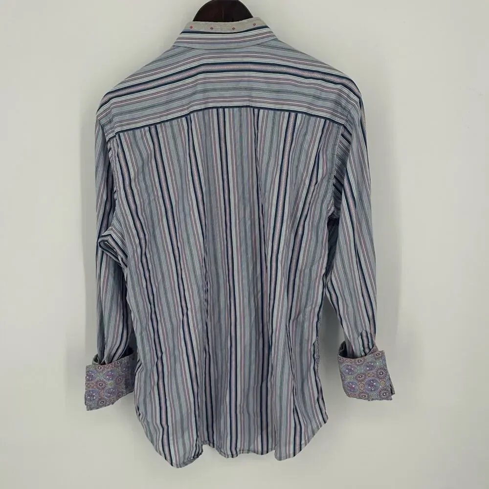 Robert Graham Men’s Striped Dress Shirt Flip Cuff Colorful Size Medium Party